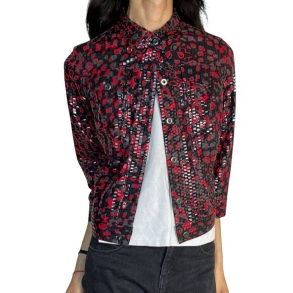 Ruby Rd Spring Punk 90's Vintage Red Black Boho Button Up Shiny Jacket Size Med - Picture 1 of 6